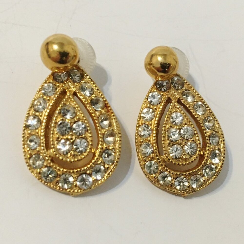 Celebrity Jacket Earrings Gold Tone Tear Drop Clear Rhinestone Signed Stud Post